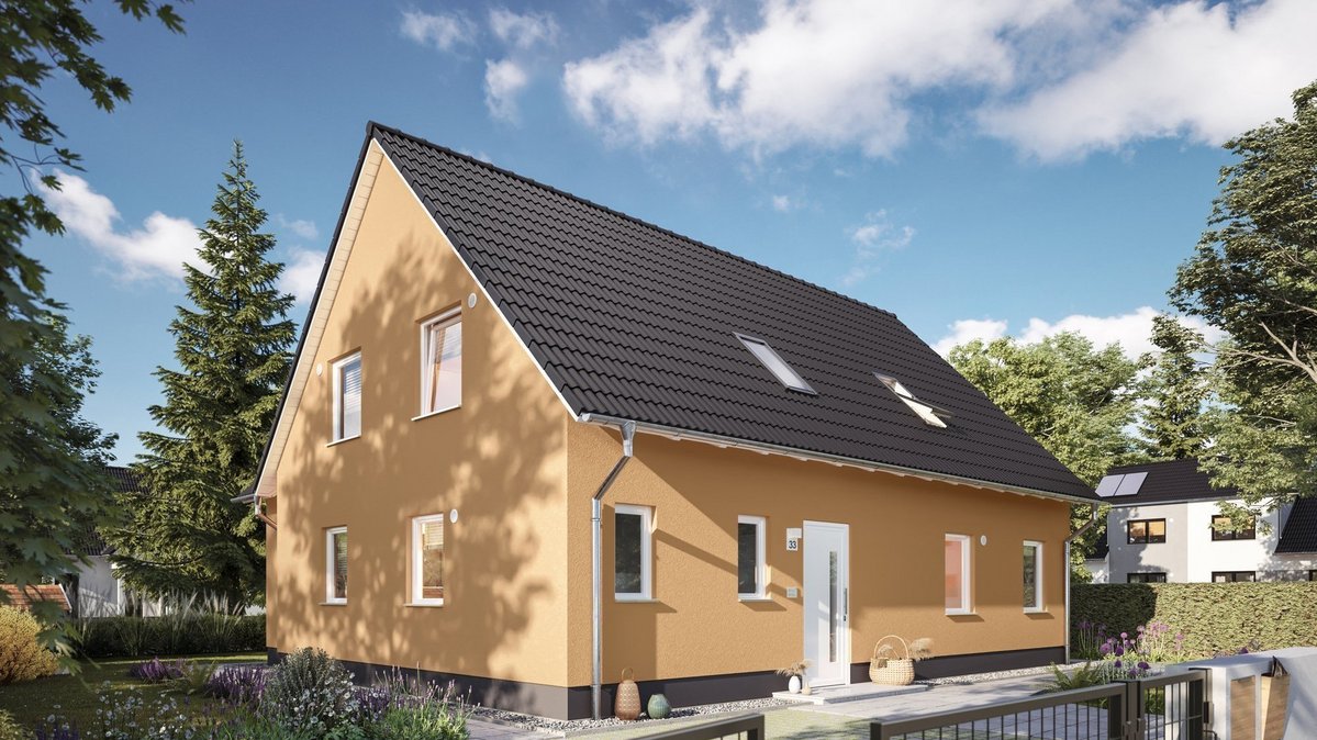 Visualisierung eines klassischen Einfamilienhauses mit beigefarbener Fassade und dunklem Satteldach