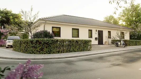Der Bungalow 131 begeistert mit einem großzügigen Wohlfühlbad und einem Schlafzimmer, das mit einer integrierten Ankleide für zusätzlichen Komfort sorgt. Die bewusst minimalistische Gestaltung ohne Gäste-WC setzt klare Akzente in der Variante 5.