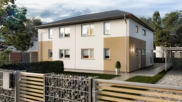 Einfamilienhaus mit Walmdach und Carport Zweigeschossiges Einfamilienhaus mit heller Fassade, Walmdach und Carport