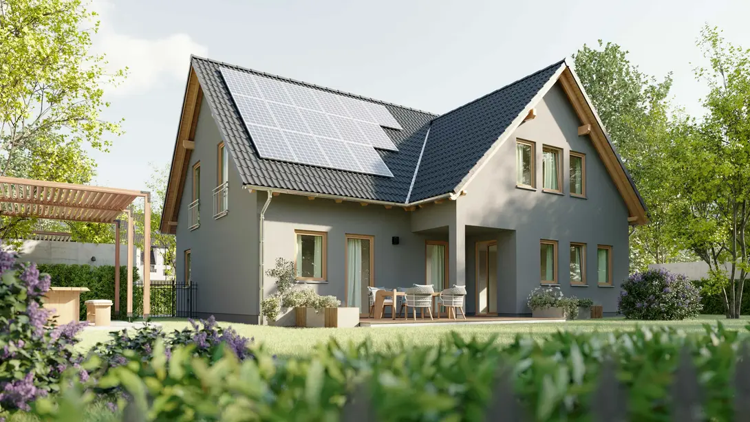 Modernes Einfamilienhaus mit Photovoltaikanlage Modernes graues Einfamilienhaus mit Satteldach und Photovoltaikanlage