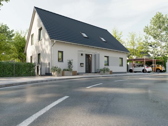 Zweifamilienhaus Domizil 192 mit Straßenansicht Zweifamilienhaus Domizil 192 mit heller Fassade und dunklem Satteldach