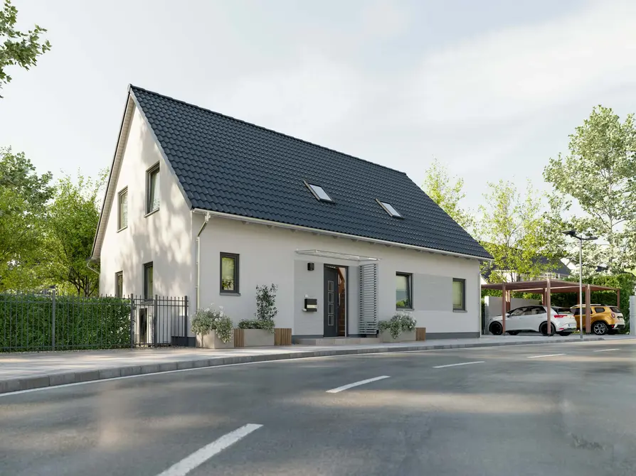 Die Elegance Variante des Zweifamilienhauses Domizil 192 bietet einen ansprechenden Blick von der Straße aus