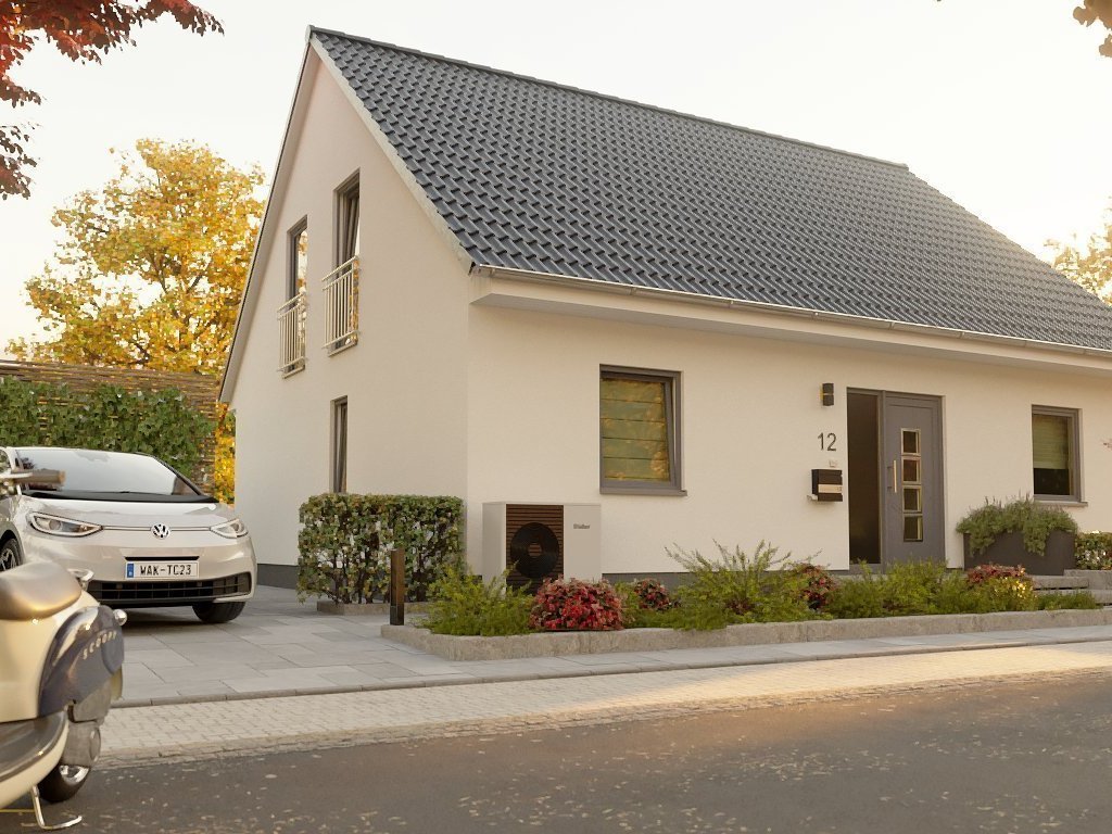 Modernes Einfamilienhaus mit Satteldach, heller Fassade, Vorgarten und Stellplatz an ruhiger Straße.