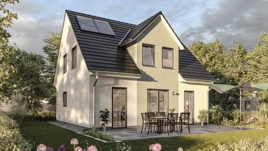 Einfamilienhaus mit Solaranlage und Terrasse Modernes Einfamilienhaus mit Satteldach, Solarmodulen, Terrasse und gepflegtem Garten