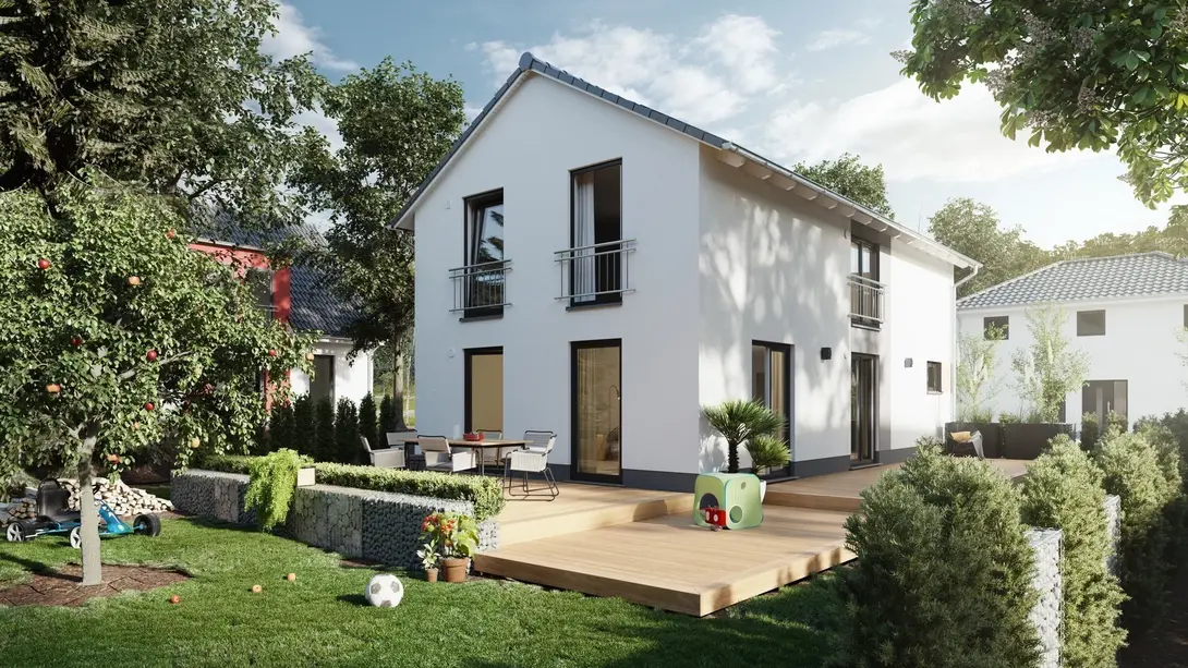 Modernes Einfamilienhaus mit großzügiger Gartenterrasse Modernes weißes Einfamilienhaus mit Satteldach und großer Holzterrasse