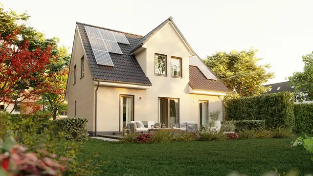 Blick vom Garten auf Flair 134 mit einer umweltfreundlichen PV-Anlage für nachhaltiges Wohnen.