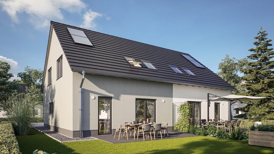 Einfamilienhaus mit Terrasse und Garten Modernes Einfamilienhaus mit Satteldach, Solarmodulen, Terrasse und Garten