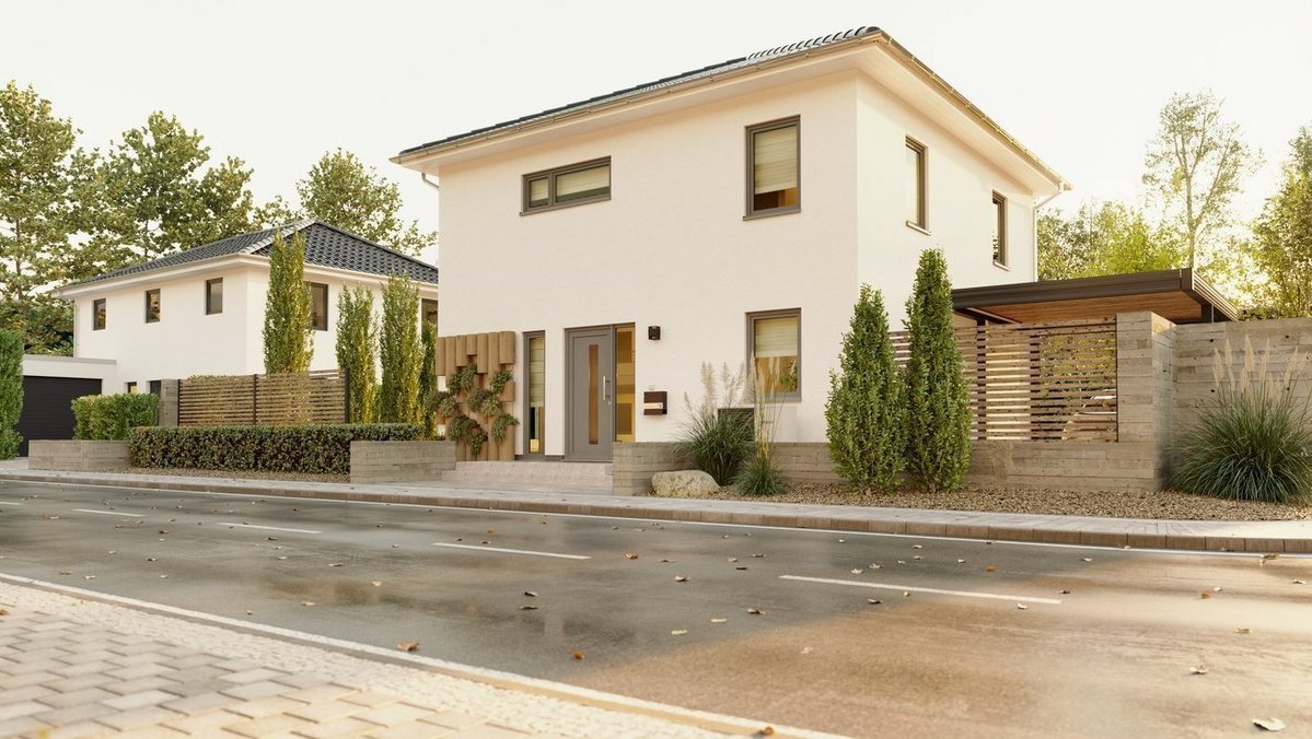 Modernes zweigeschossiges Stadthaus mit heller Fassade, Walmdach und Carport