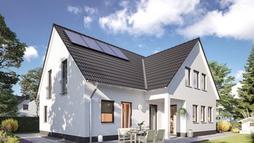 Modernes Mehrgenerationenhaus mit Satteldach, Terrasse und Photovoltaikanlage im Garten