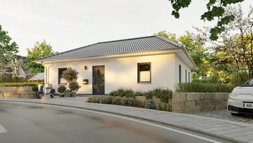 Moderner weißer Bungalow mit grauem Walmdach und gepflegtem Vorgarten