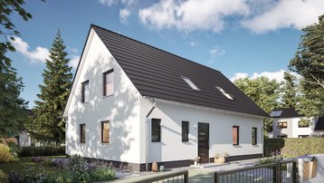Modernes weißes Einfamilienhaus mit Satteldach und gepflegtem Vorgarten