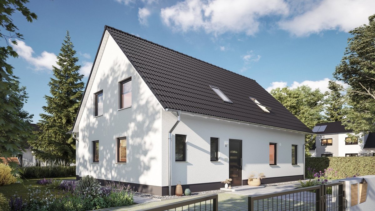 Modernes weißes Einfamilienhaus mit Satteldach und gepflegtem Vorgarten