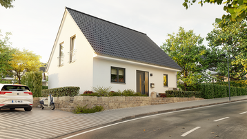 Modernes Einfamilienhaus mit klassischem Satteldach Modernes weißes Einfamilienhaus mit Satteldach und gepflegtem Vorgarten