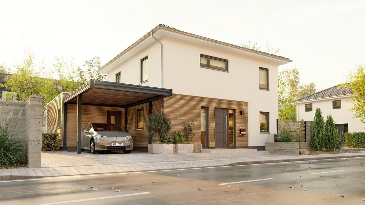 Modernes zweigeschossiges Einfamilienhaus mit Holzfassade und Carport