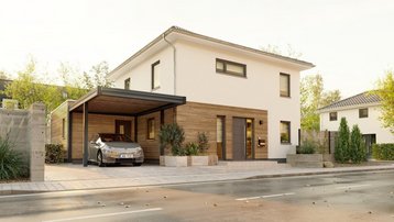 Modernes Einfamilienhaus mit Holzfassade und Carport Modernes zweigeschossiges Einfamilienhaus mit Holzfassade und Carport