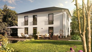 Moderne Stadtvilla mit großzügiger Gartenterrasse Zweigeschossige Stadtvilla mit Walmdach, Terrasse und gepflegtem Garten